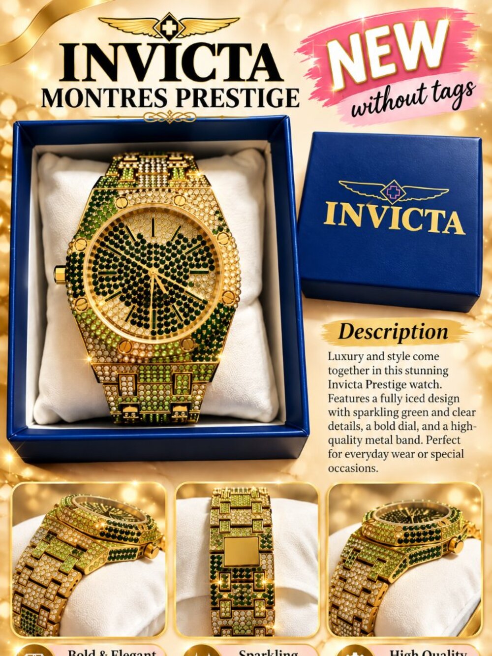 Invicta Montres Prestige Men's Gold Tone and Green Crystal Watch NWOT